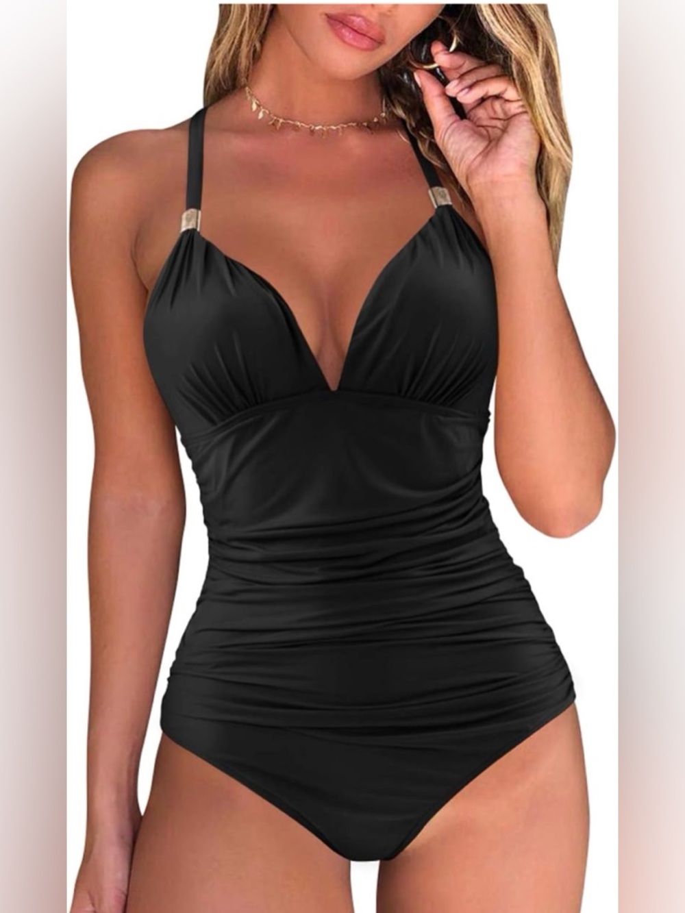 Women V Neck One Piece Swimsuits Tummy Control Ruched Swimwear Halter-NWOT